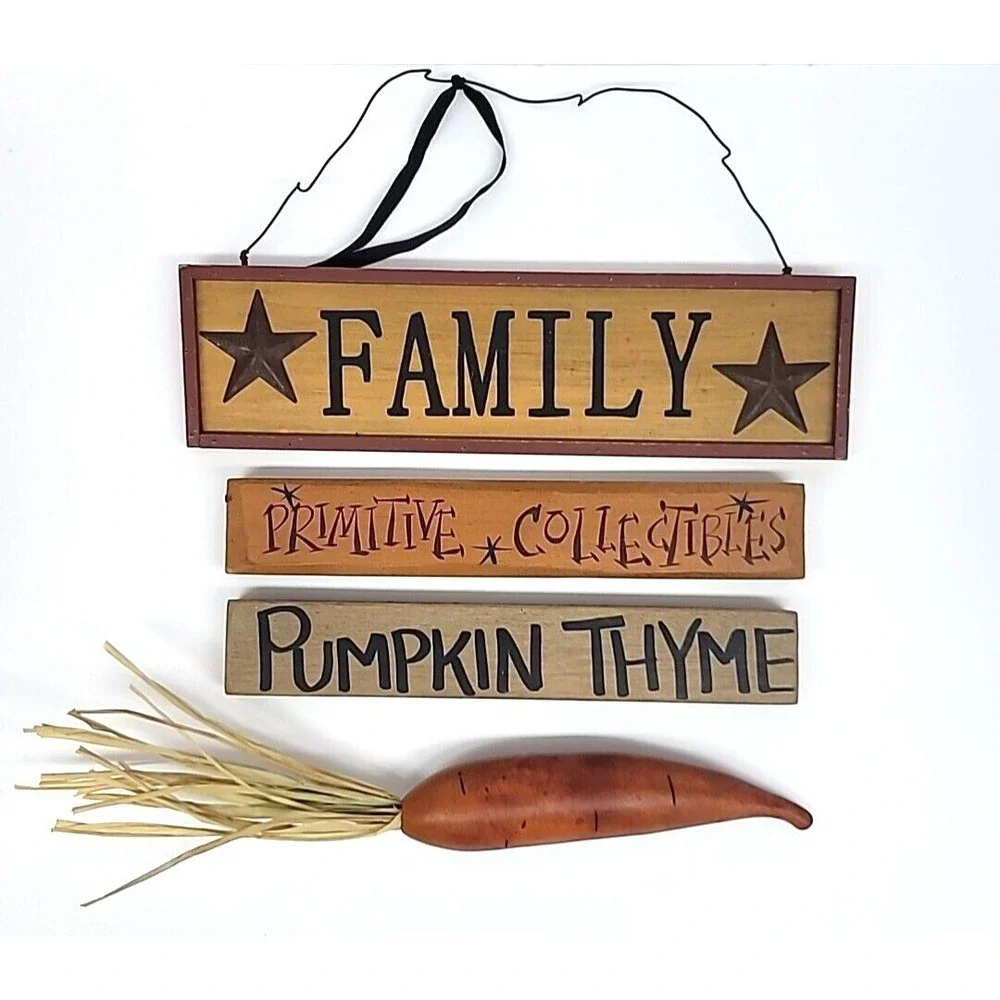 Rustic Family, Primitive Collectibles, Pumpkin Thyme Wood Signs & Gourd Carrot
